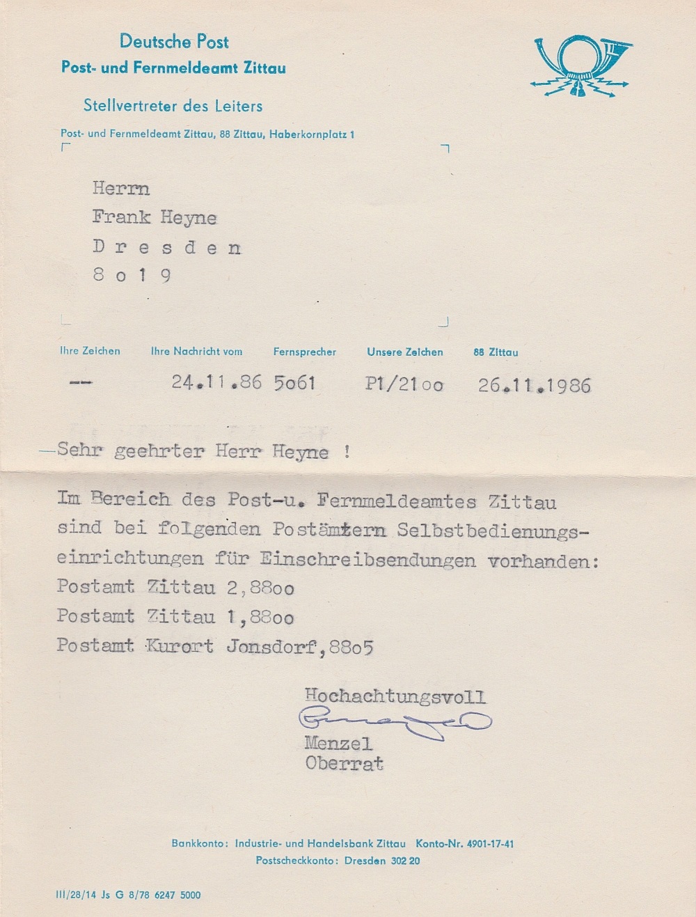Brief vom PA 8800 Zittau